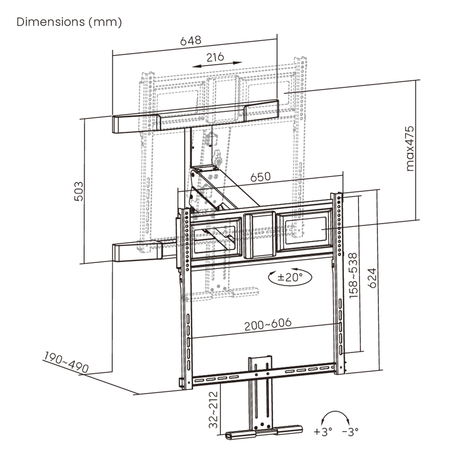 TV wall mount bracket with labeled dimensions, tilt range, and VESA mounting measurements in millimeters