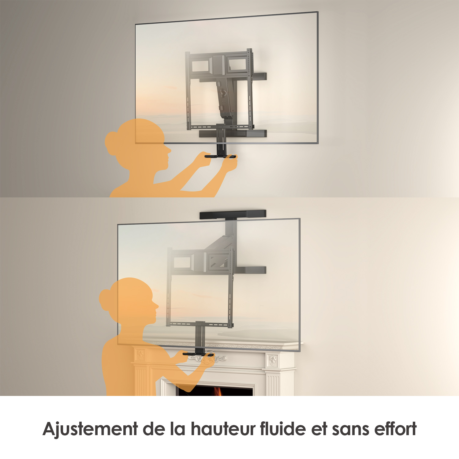 Réglage de la hauteur du support mural de téléviseur au-dessus du foyer, avec positions de déplacement vers le haut et vers le bas.