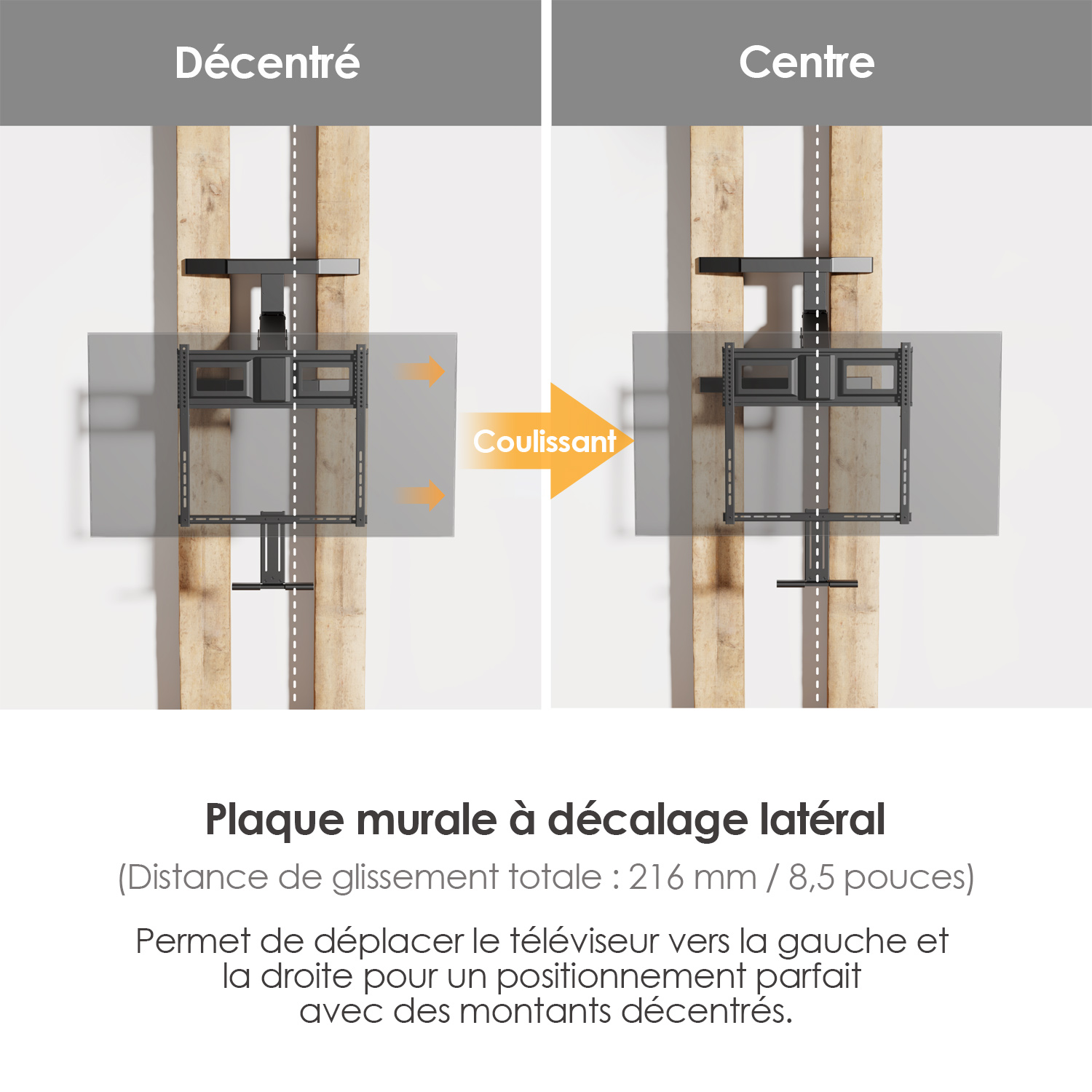 Support mural pour téléviseur avec réglage de déplacement latéral, permettant un positionnement centré ou décalé par rapport aux montants muraux en bois.
