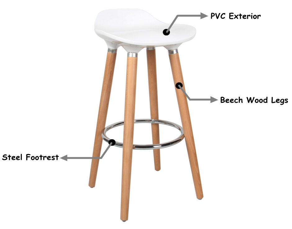 Contemporary Bar Stool with Wooden Legs, White Moustache®