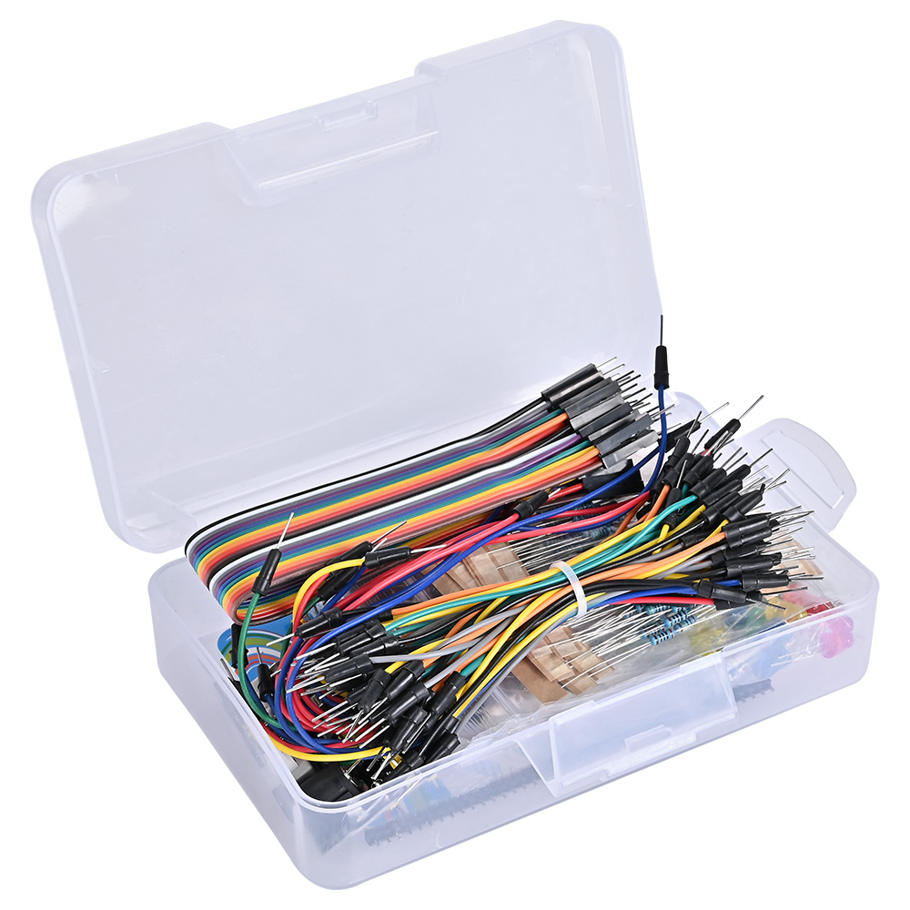 Plastic storage case filled with assorted electronic parts, such as jumper wires, LEDs, resistors, circuit components, etc