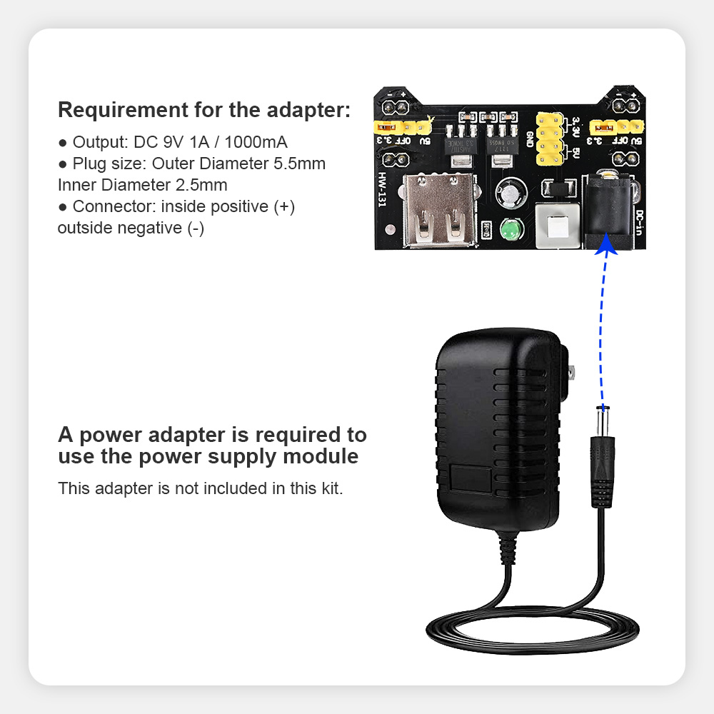 This 235-piece electronic kit required a 9V 1A DC power adapter for the power supply module