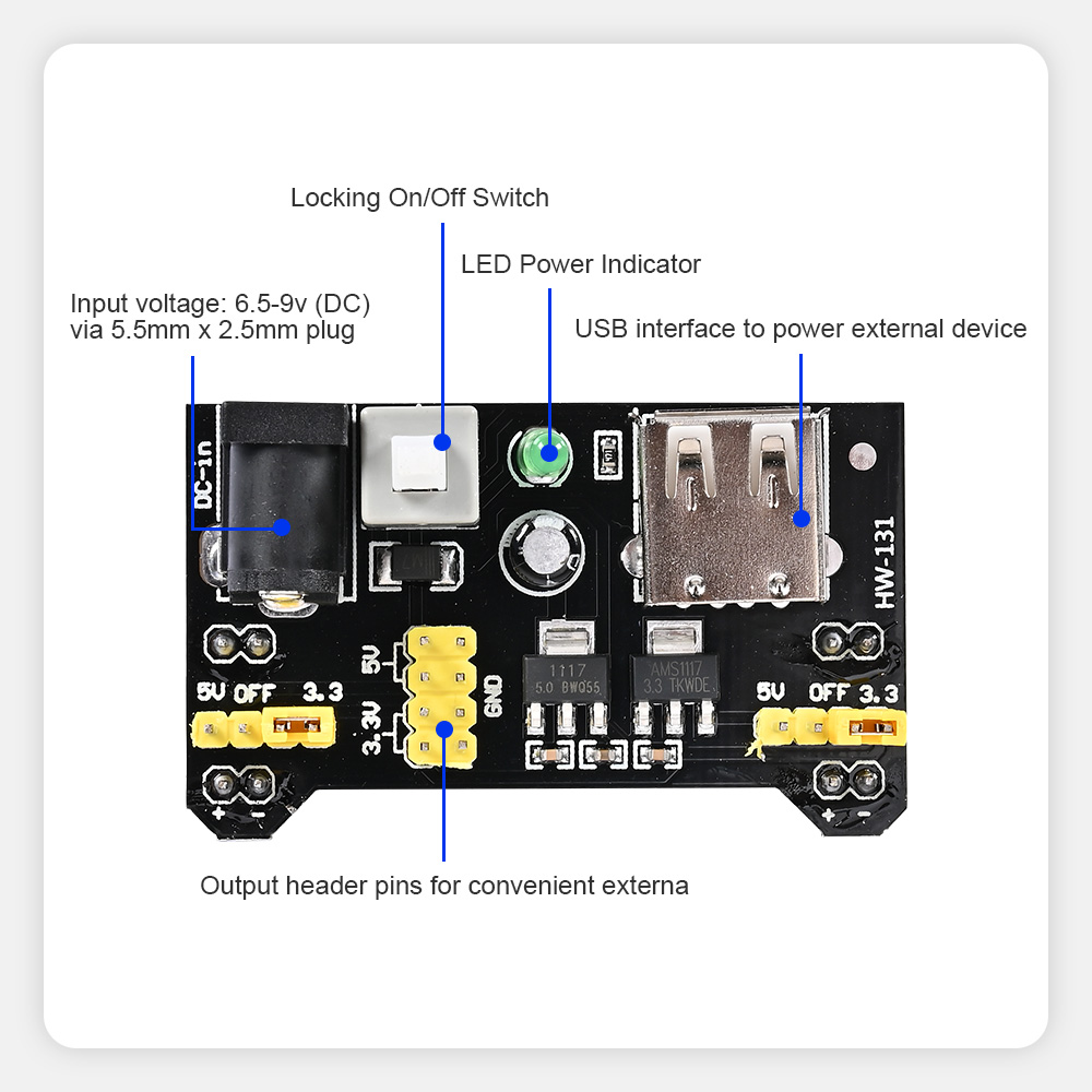 Diagram of a HW-131 power supply module marking switch, LED indicator, USB port and output pins