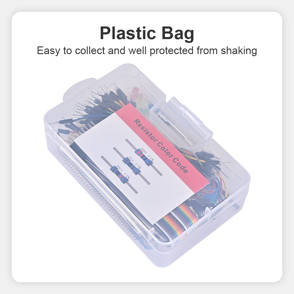 Assorted electronic parts are placed in a translucent plastic storage box which is easy to collect and protect from shaking