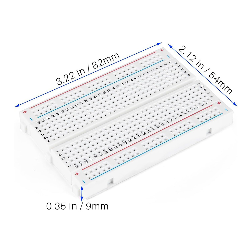 Dimension diagram of white electronic breadboard with printed dimension measurements in inches and millimeters