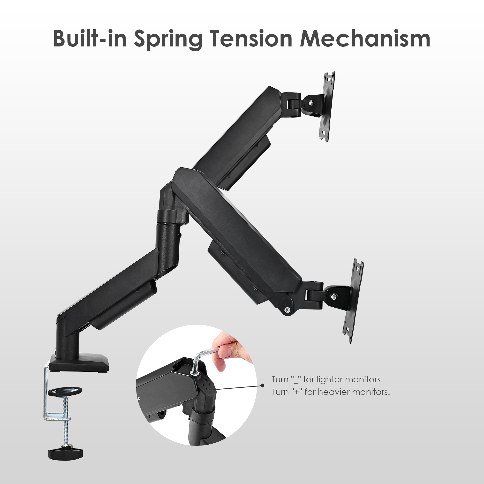Dual computer monitor arms have built-in spring tension mechanism, and come with adjustment instructions