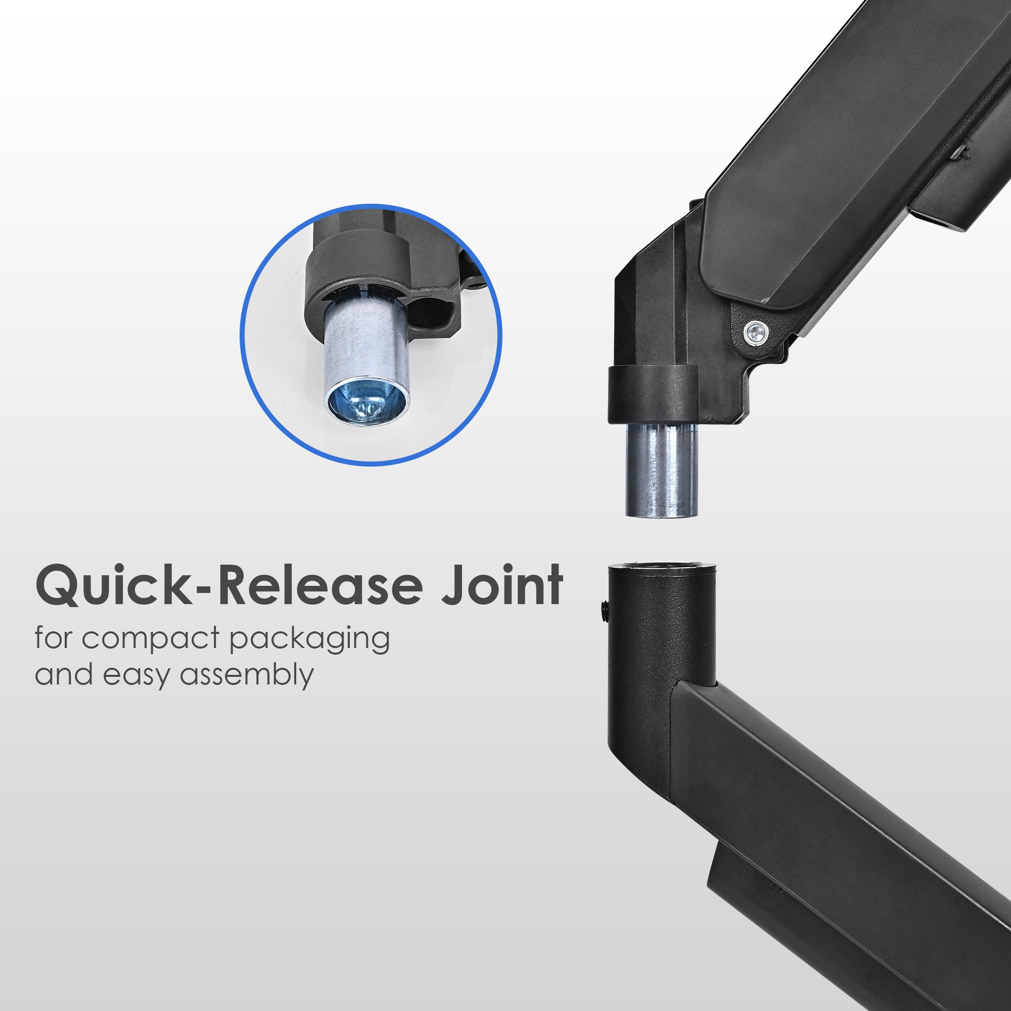 This PrimeCables dual computer monitor arm has a quick-release joint, highlighting its tool-free assembly design