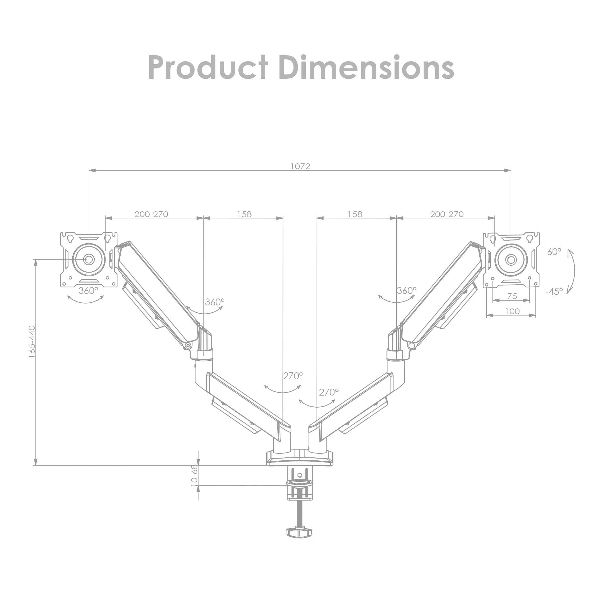 Top-down product dimension diagram of the dual computer monitor arm showing its measurement and rotation range