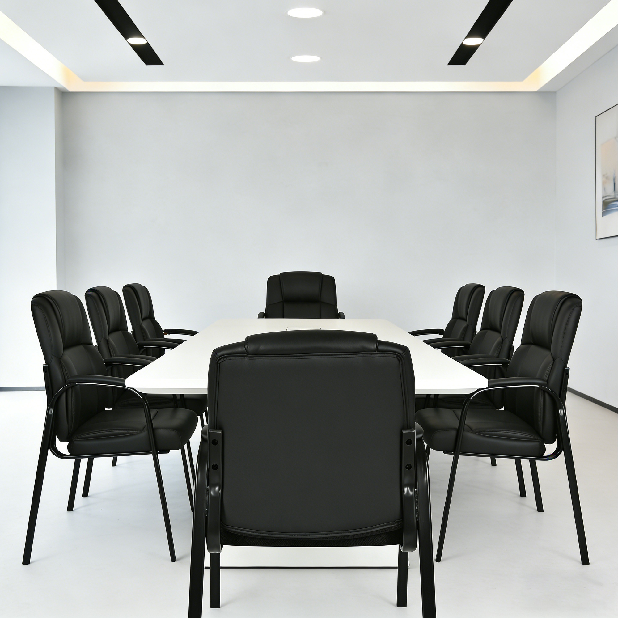 Modern conference room featuring multiple black PU high back guest chairs which are arranged around a large meeting table