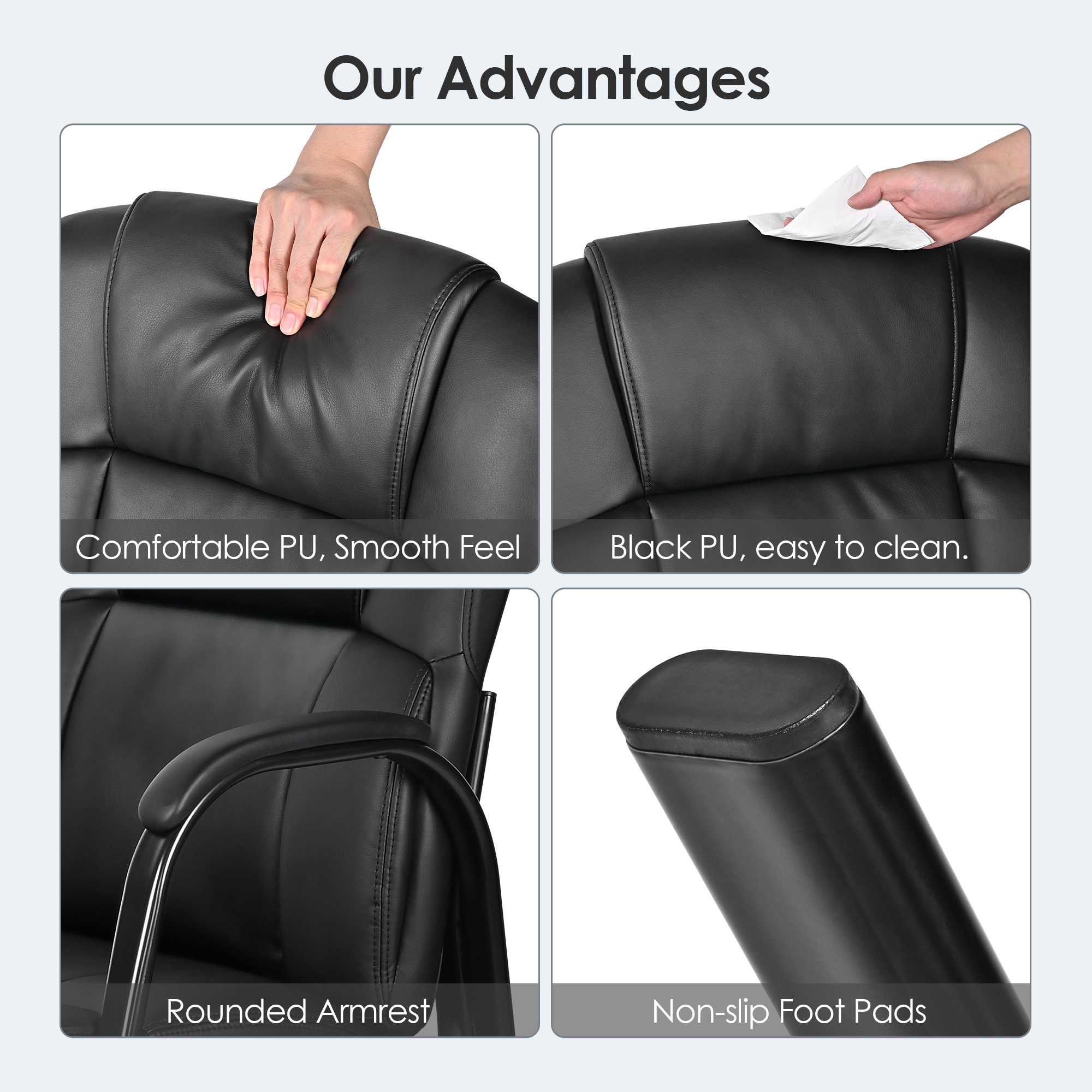 This high back guest chair has soft & easy wipe PU leather, rounded padded armrests, and non-slip foot pads
