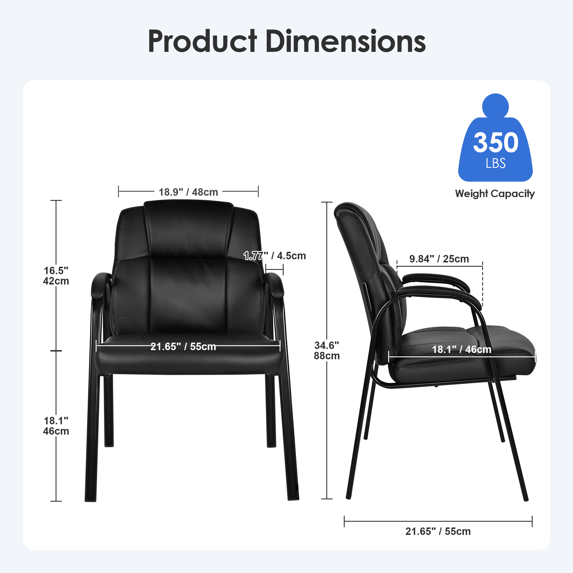 Front and side view dimension diagram of black high-back guest chair, which lists inch and centimeter measurements