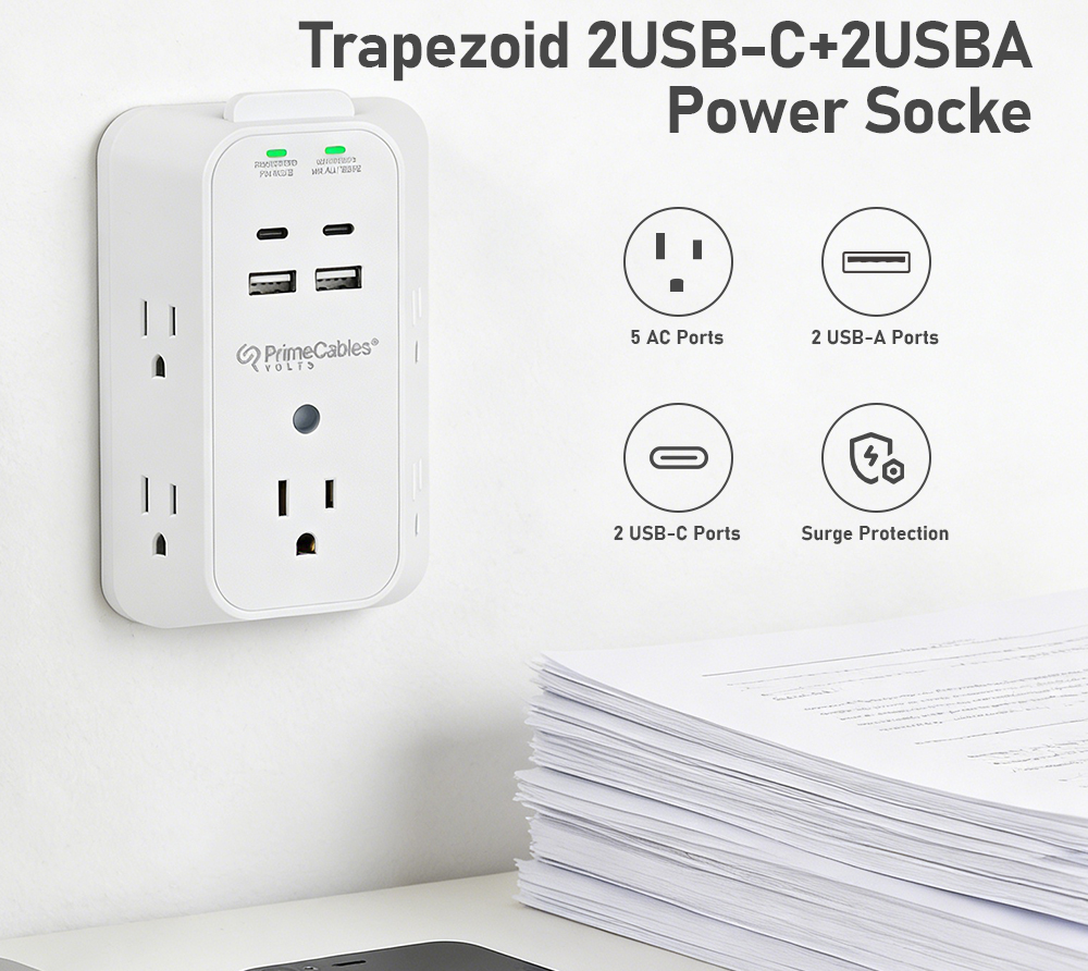 White trapezoid power strip with surge protector mounted on the wall, featuring 5 AC outlets, 2 USB-A & 2 USB-C ports