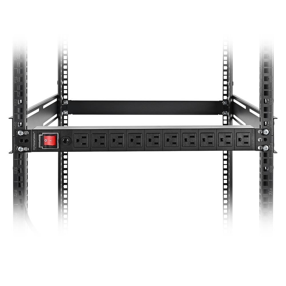 Black 1U rack mount PDU installed on a standard black server rack with red master power switch and ten NEMA 5-15R outlets