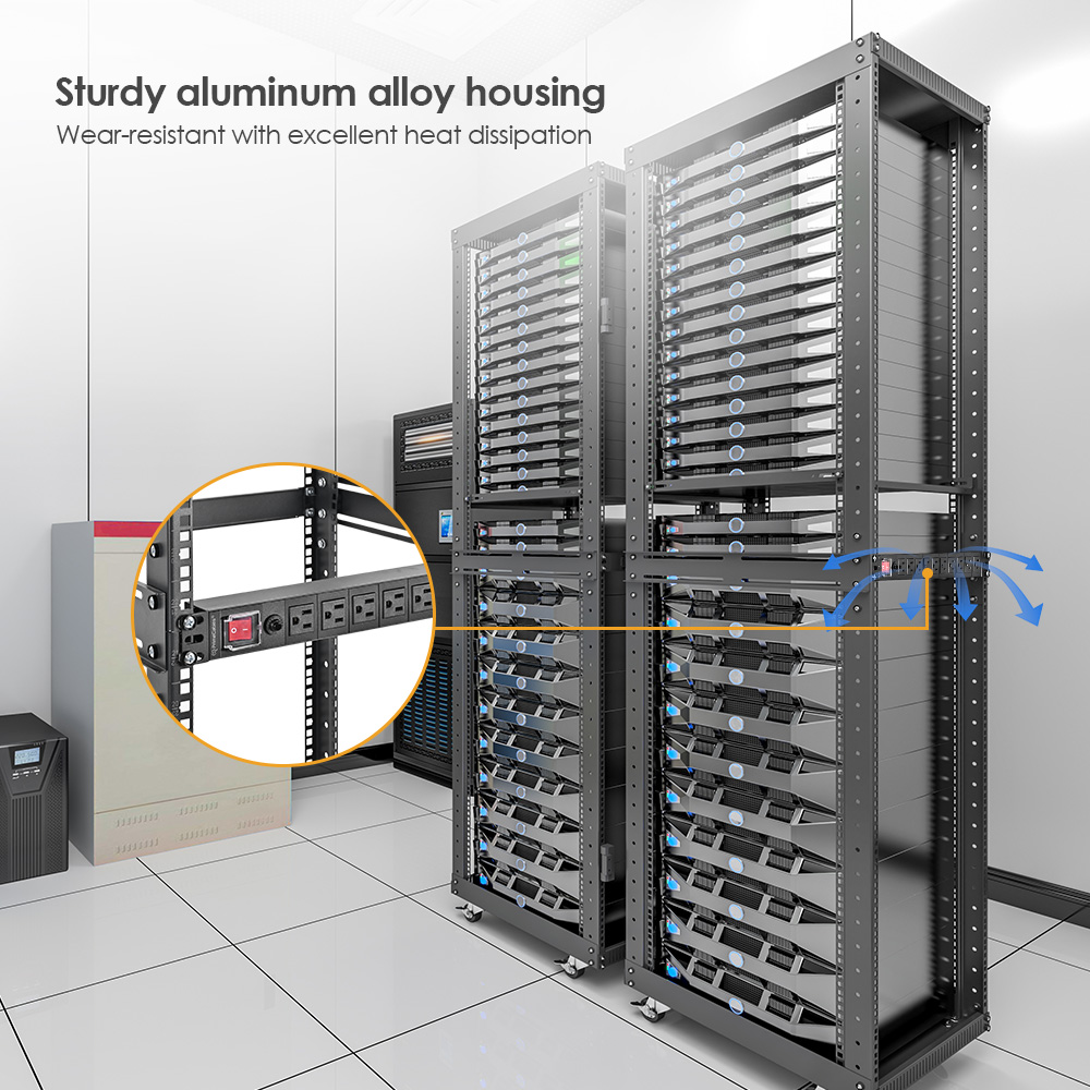 Rack mount PDU features sturdy aluminum alloy housing and has a efficient heat dissipation in the full server rack setup
