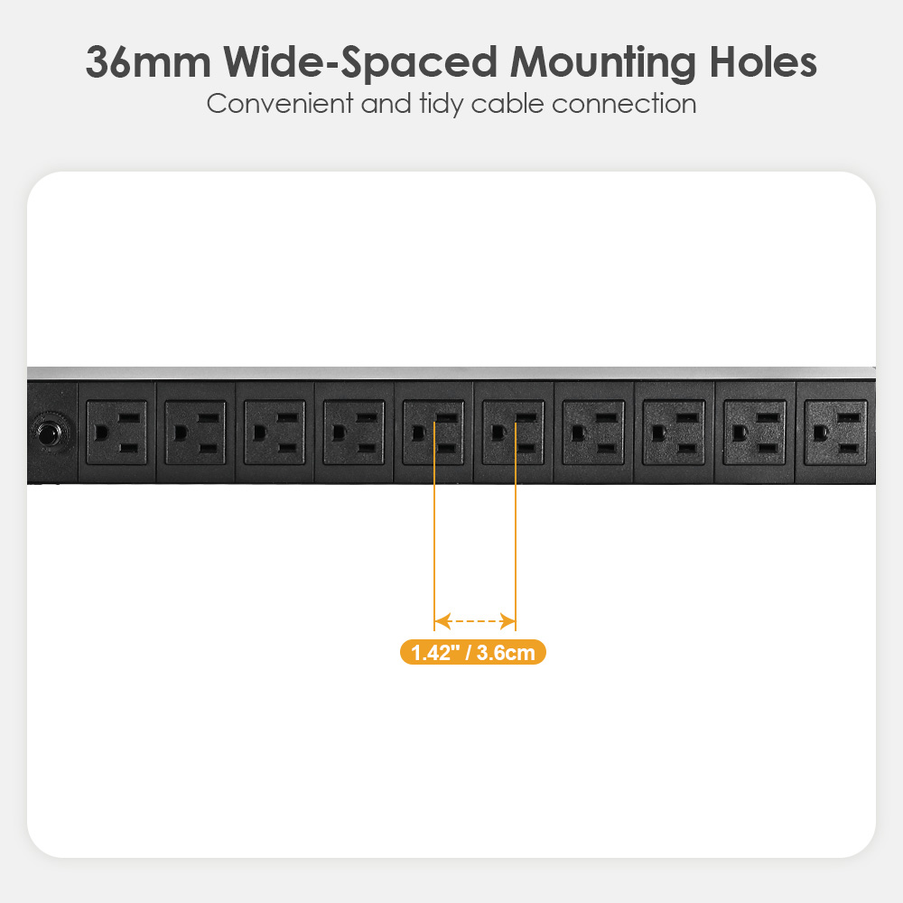 PrimeCables' 10-outlet rack mount PDU has a wide spaced NEMA outlet layout for unobstructed cable plug connections