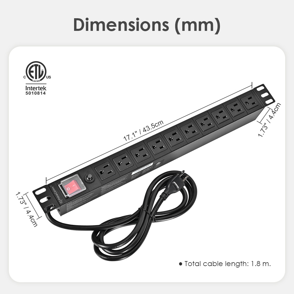 Dimension diagram for a 1.8m 1U 10-outlet rack mount PDU with an ETL Intertek safety certification mark