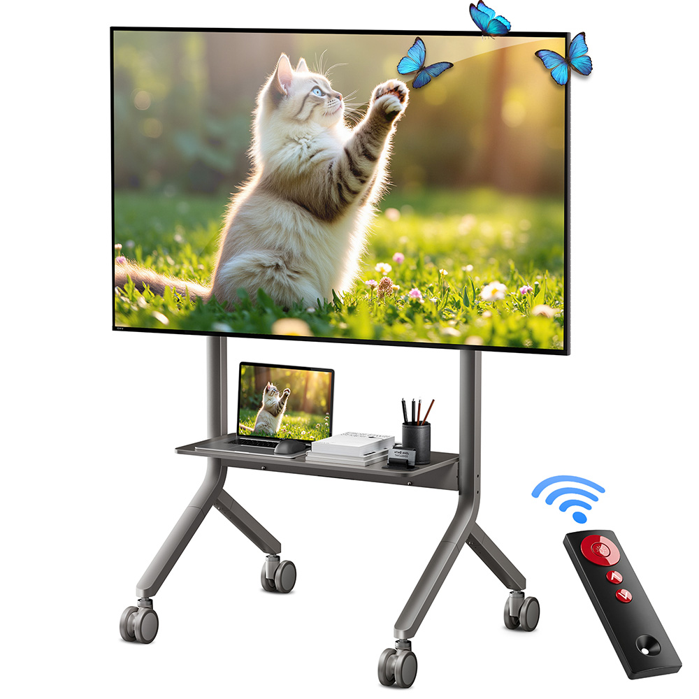 Motorized mobile TV stand with storage shelf holding a laptop and other things on its storage rack