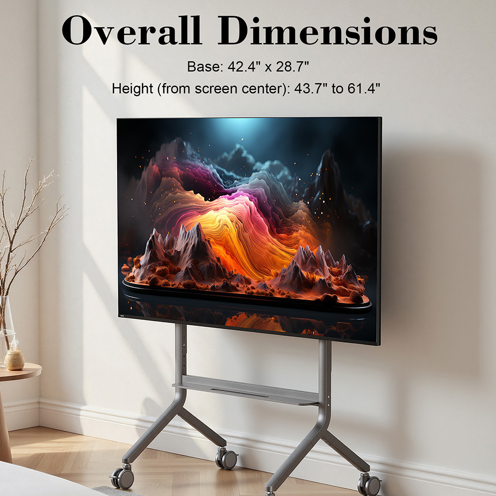 The overall dimension specification listing the height adjustment range of the rolling TV stand is between 43.7'' to 61.4''