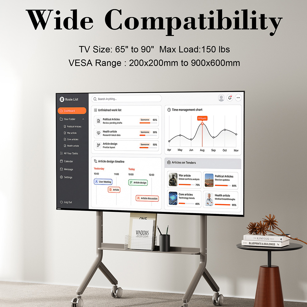 The rolling TV stand is compatible with 65-90 inch TVs, support up to 150 lbs and VESA mounting range from 200*200 to 900*600