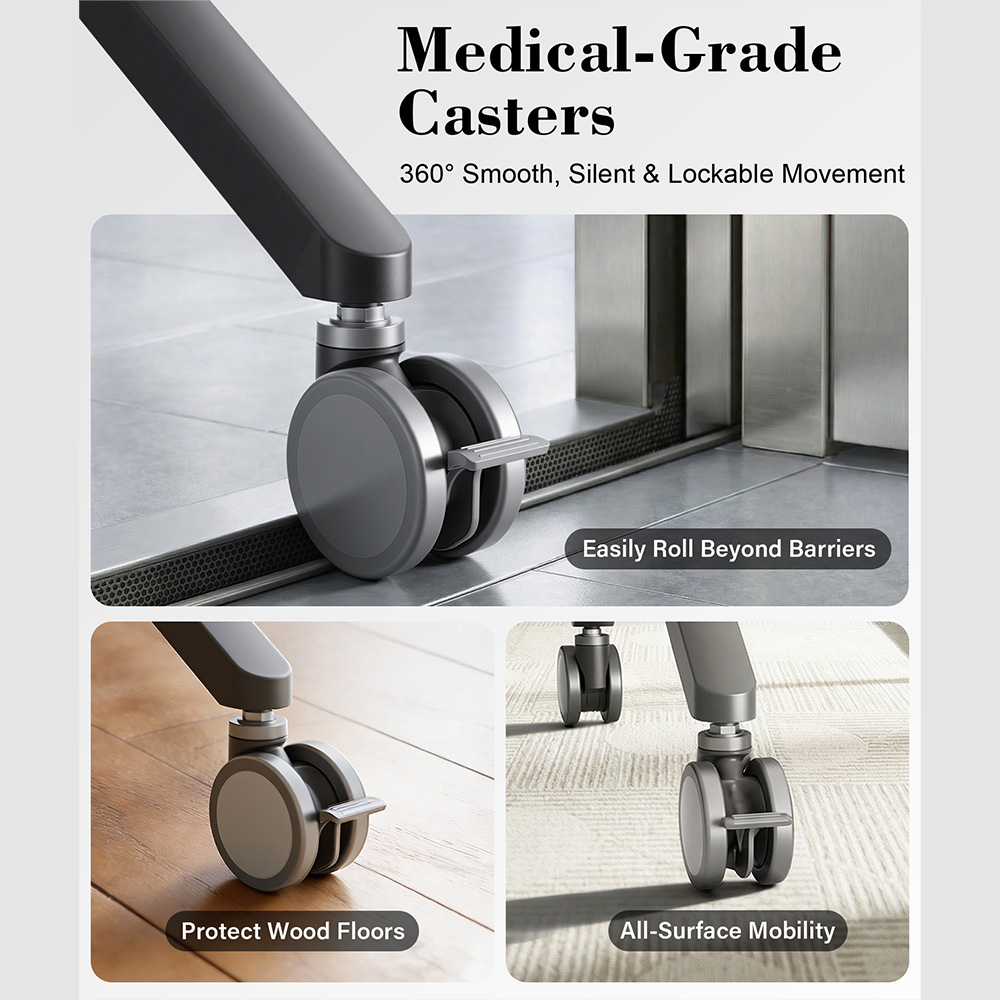 North Bayou heavy-duty rolling TV stand features medical-grade casters that is smooth, silent, and lockable