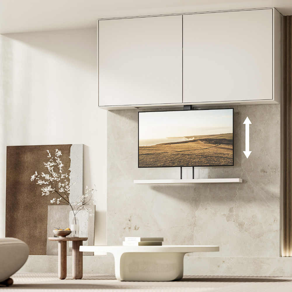 Motorized TV lift can be installed in the wall-mounted cabinet, and it can descend vertically from the bottom of the cabinet
