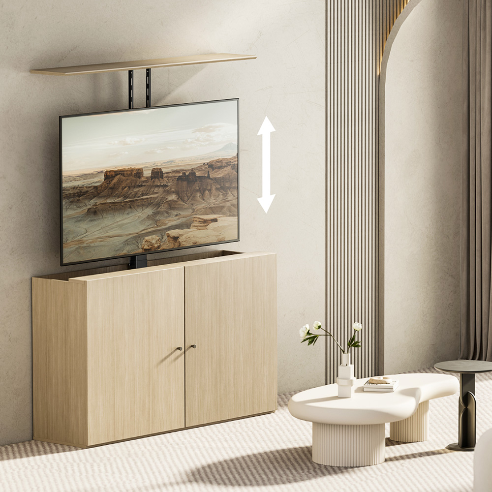 Motorized TV lift can be installed in the wooden floor cabinet, and can be raised from the cabinet