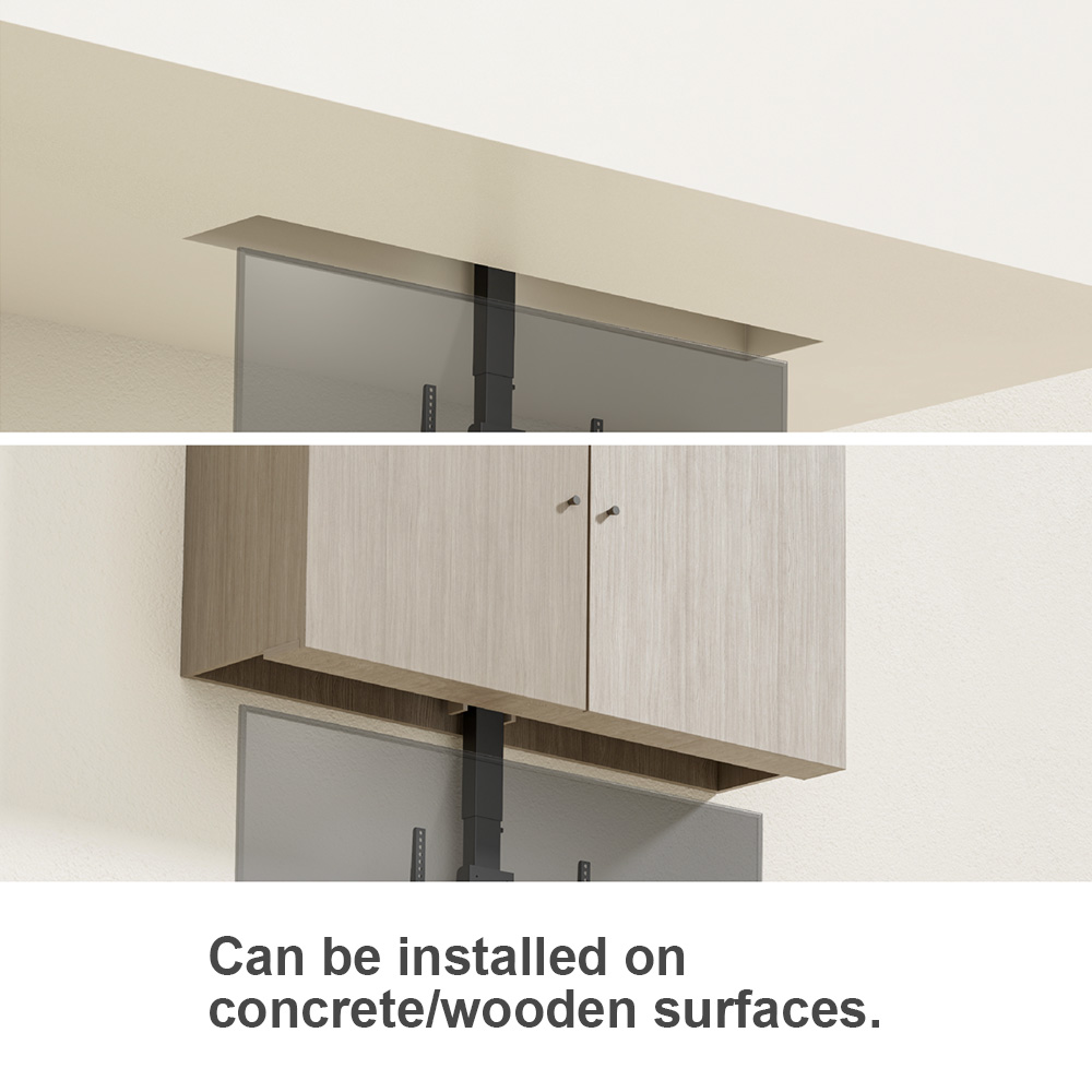 Motorized TV lift with hidden vertical mount system can be installed on concrete or wooden surface