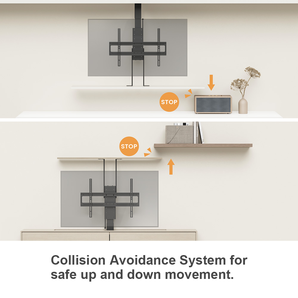 PrimeCables motorized TV lift features collision avoidance system, it can auto-stop when obstacles block its movement