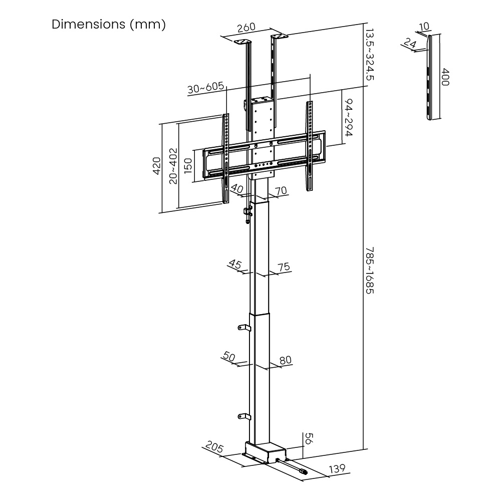 Dimension of motorized TV lift, including vertical column, brackets, and base measurements, are measured in millimeters