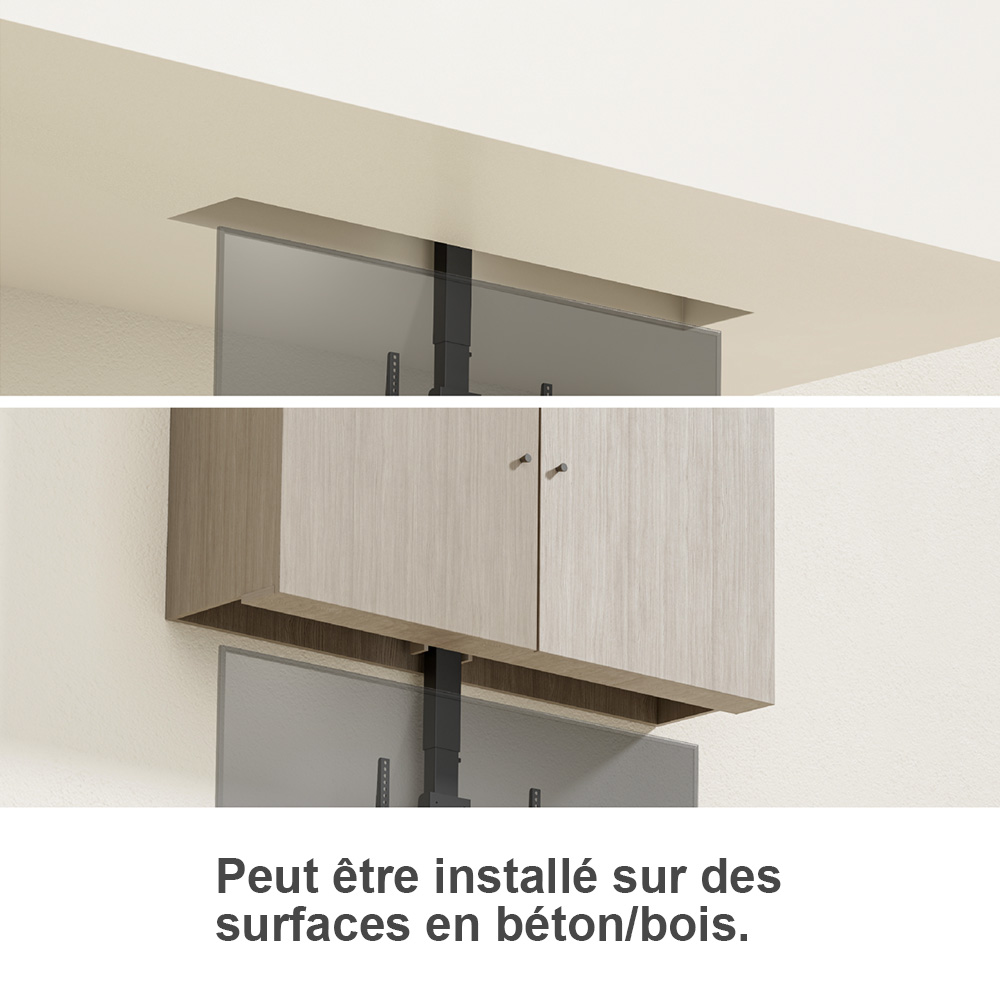 Mécanisme de levage de téléviseur mural installé sous une armoire, sur une surface en béton ou en bois, avec un système de montage vertical dissimulé.