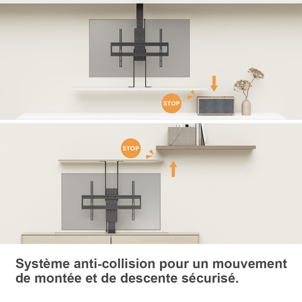 Système de levage motorisé pour téléviseur avec détection d’obstacle s’arrêtant en cas d’obstruction, se déplaçant entre des étagères dans un intérieur moderne.