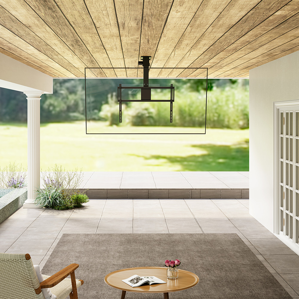 Motorized flip down ceiling TV mount can be installed on the wooden patio ceiling of the outdoor living area