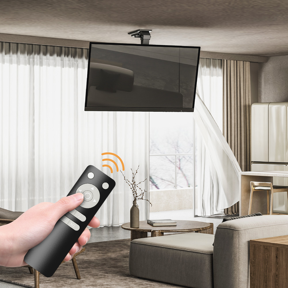 Motorized flip down ceiling TV mount (with remote control) can also be installed on the ceiling of the living room