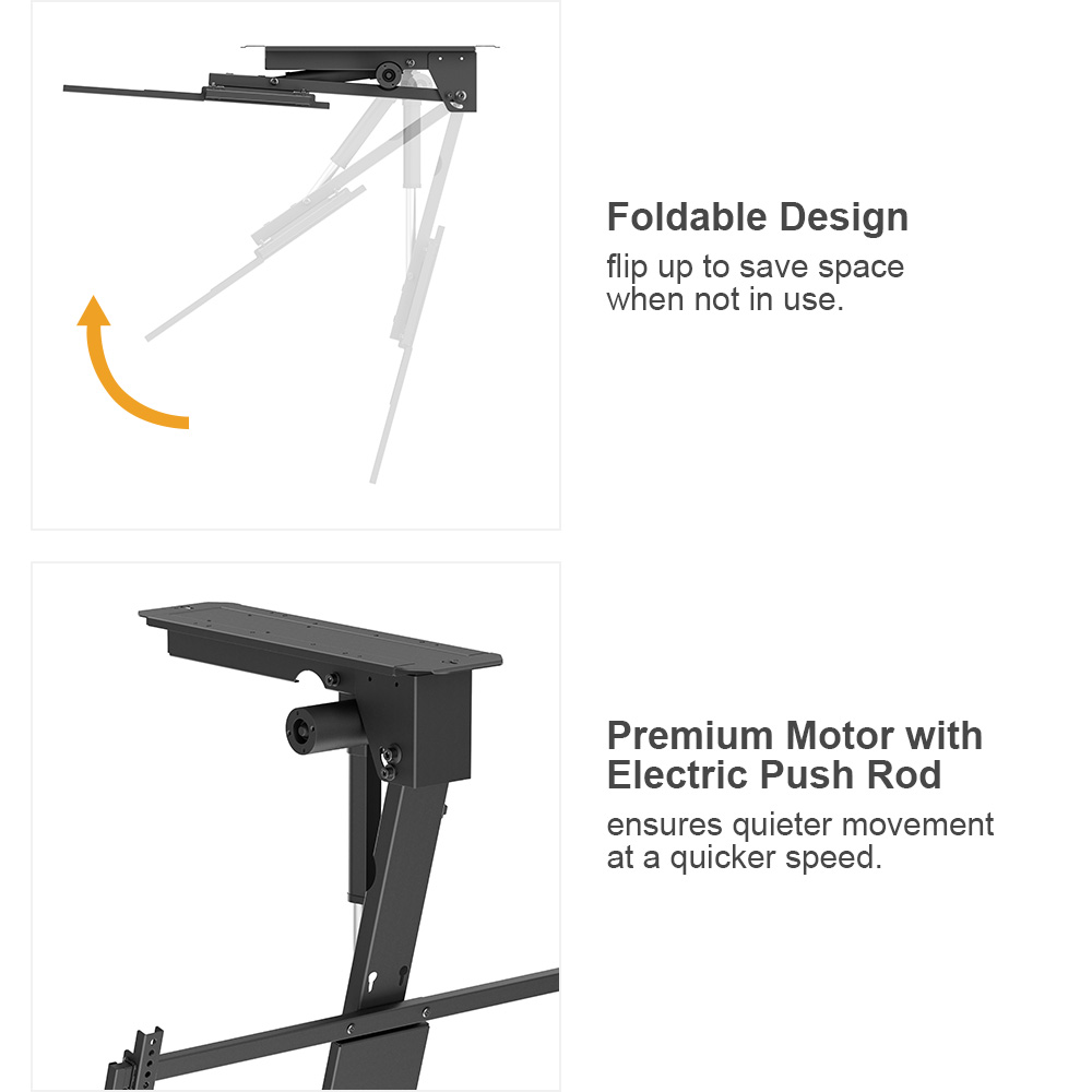 This flip-down ceiling TV mount features foldable design and premium motorized arm