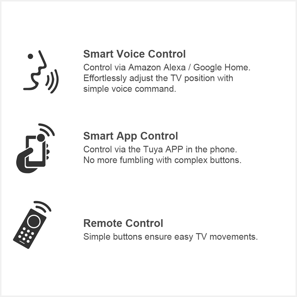 Three control method of PrimeCables motorized flip down ceiling TV mount: voice control, app control, remote control