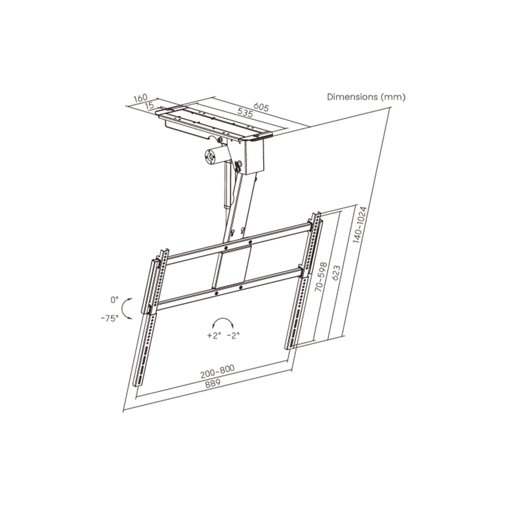 Illustration of the dimension and tilt angle of this PrimeCables flip-down ceiling TV mount