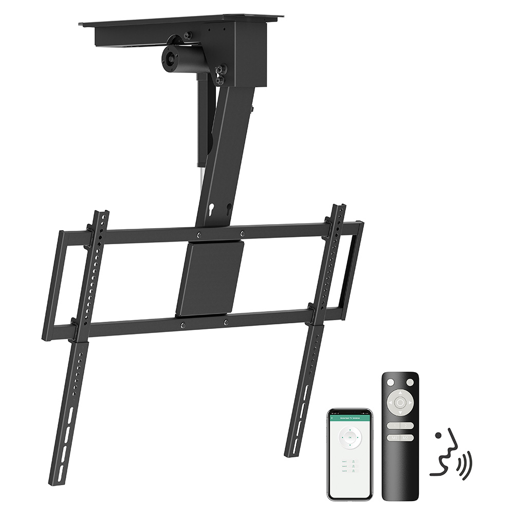 Support TV de plafond motorisé avec cadre réglable, télécommande, application pour smartphone et icône de commande vocale