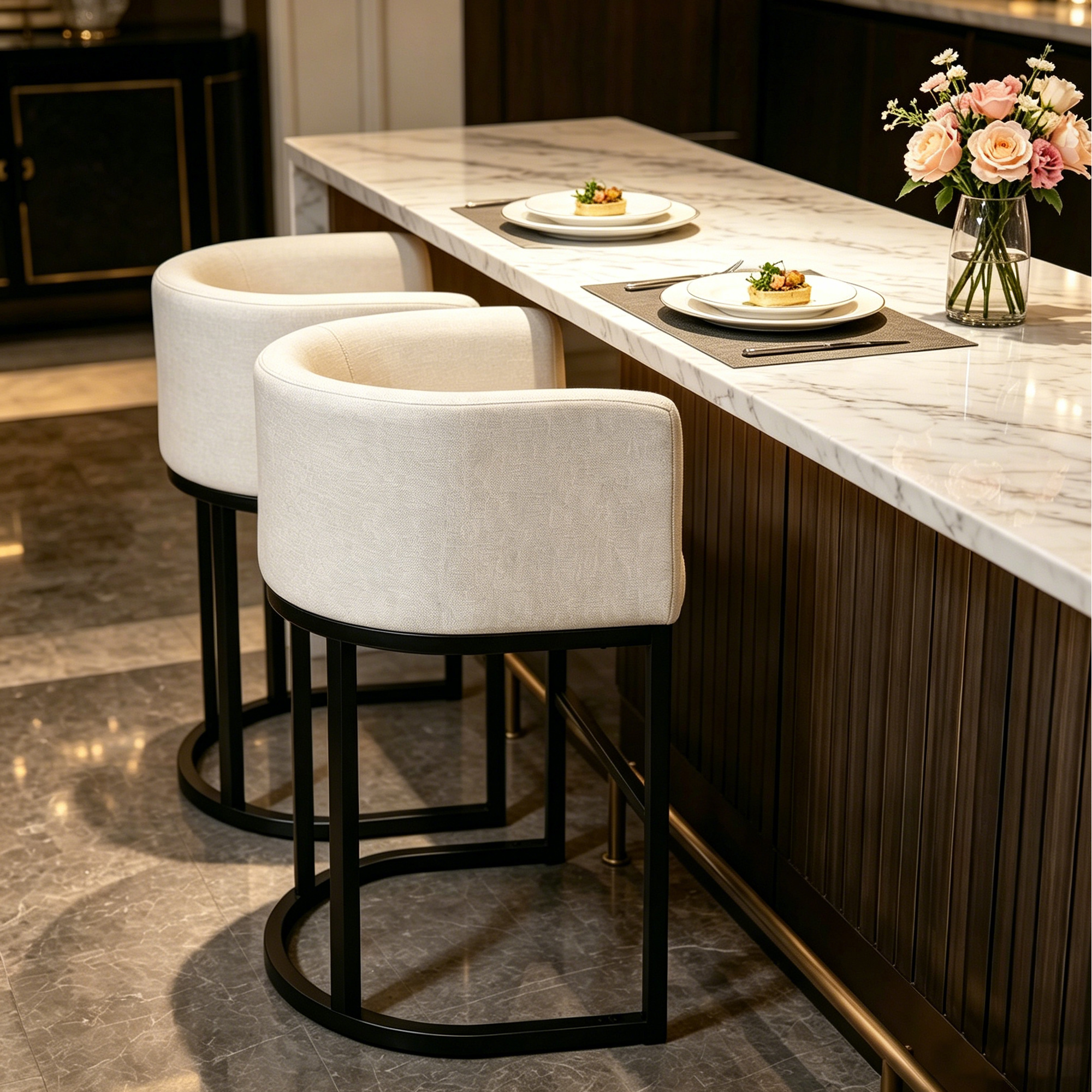 Two upholstered barrel bar stools can be paired with an island counter made of dark wood grain and marble