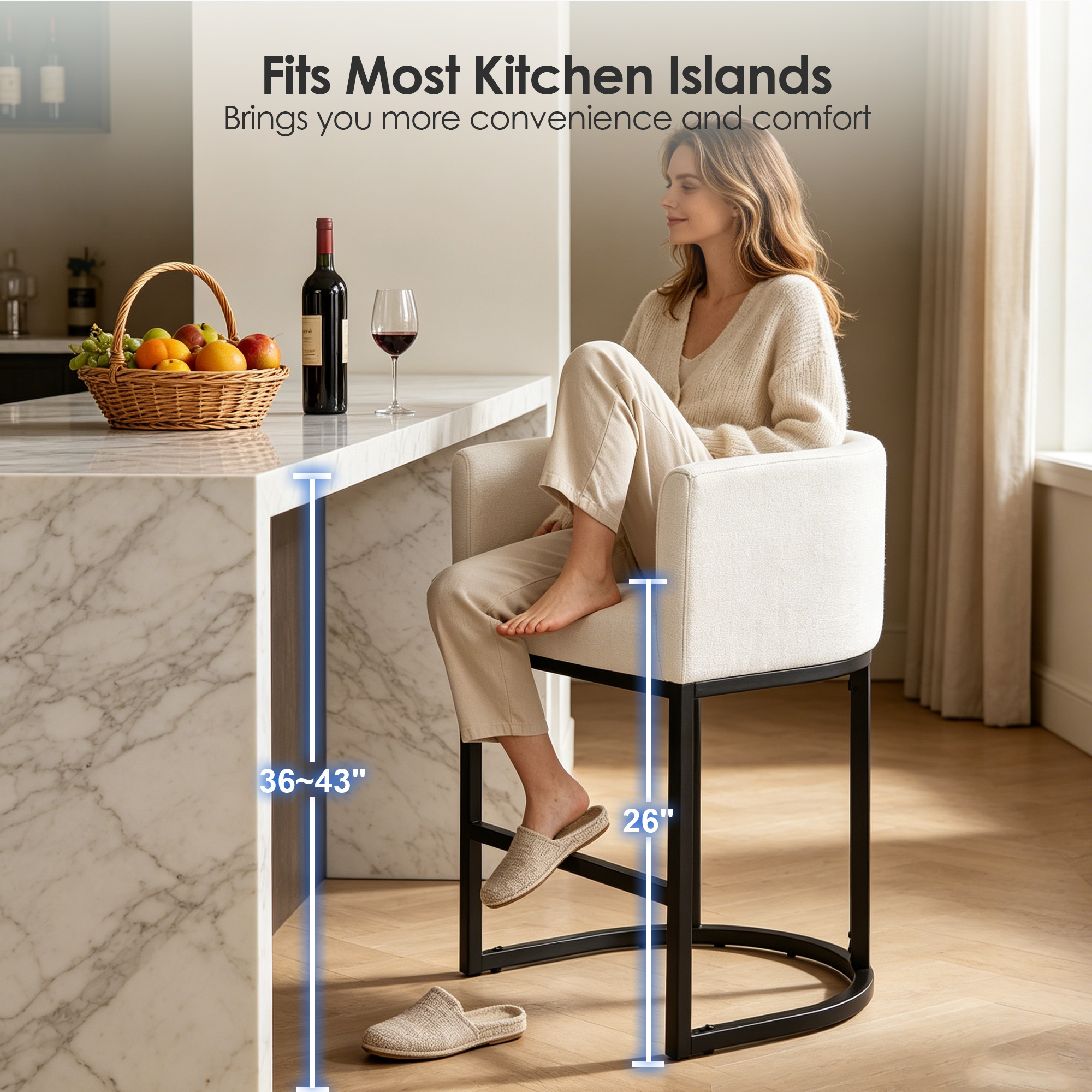 Moustache® upholstered bar stools have a 26-inch seat height and fit most kitchen islands