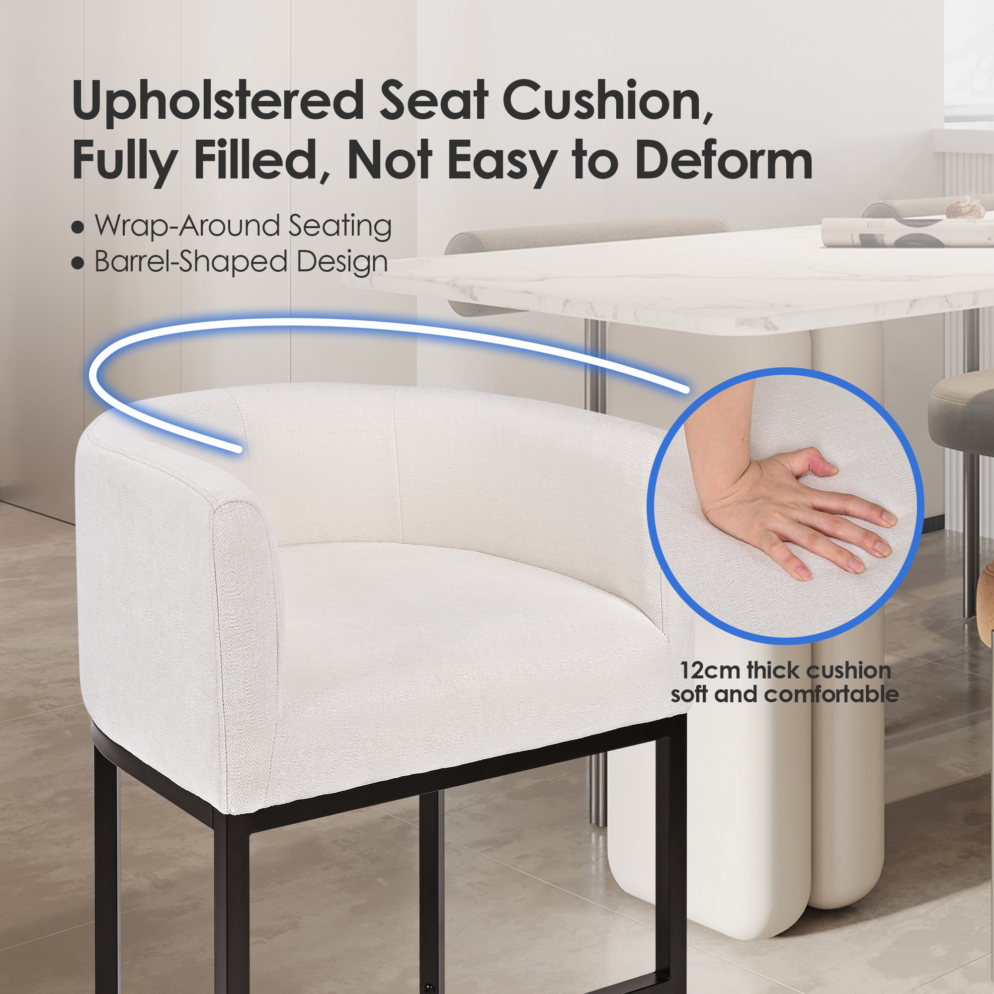 This counter height bar stool features a 12cm thick high-resilience non-deform padded seat