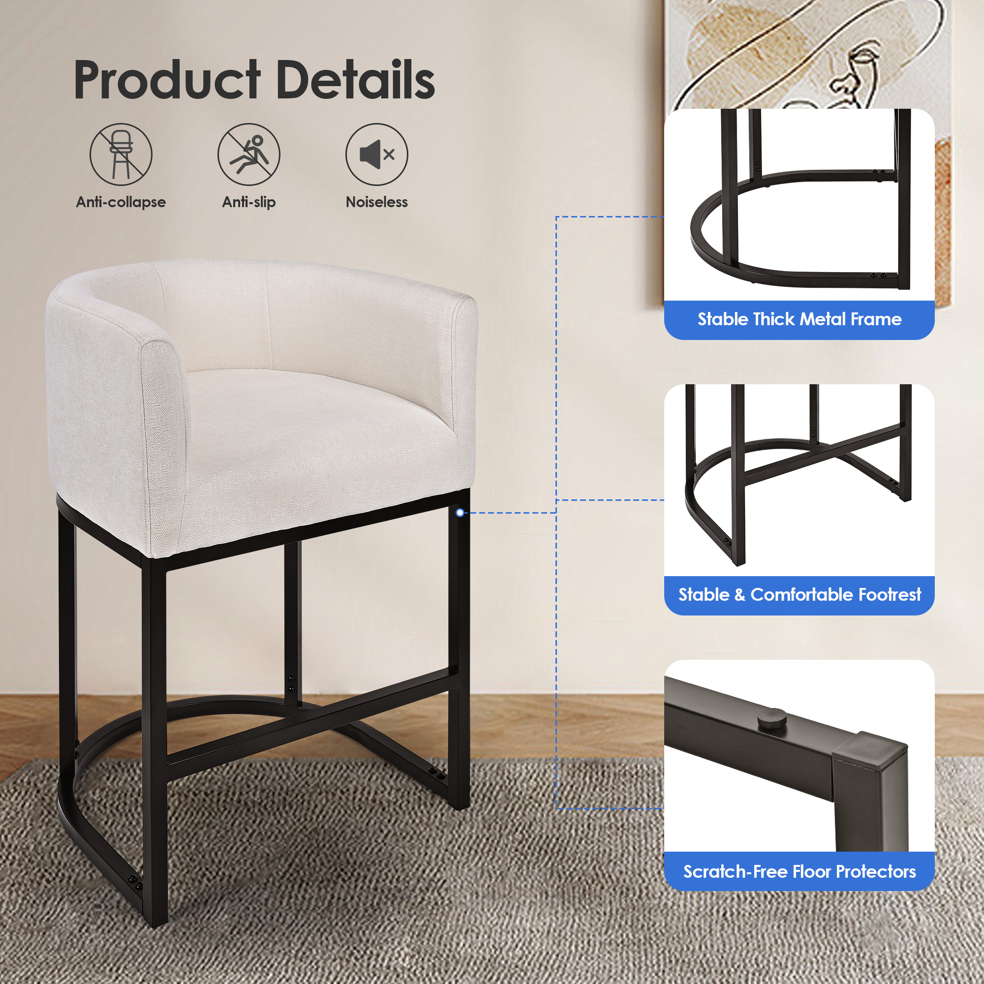 Upholstered barrel bar stool comes with a comfortable footrest, stable metal frame, and scratch-resistant floor foot pads