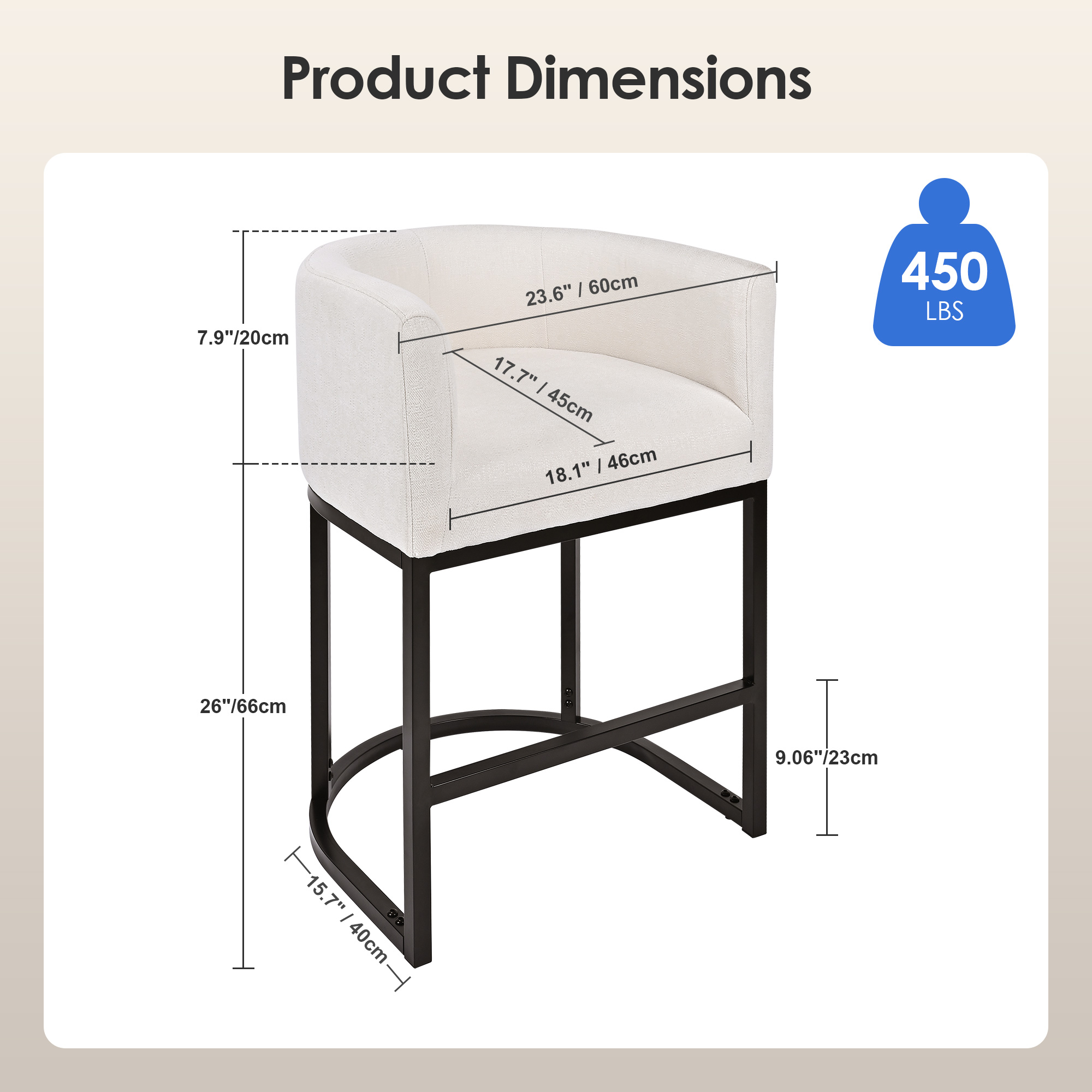 Product dimension of beige fabric barrel-shaped counter stool with full measurements for seat, backrest and frame