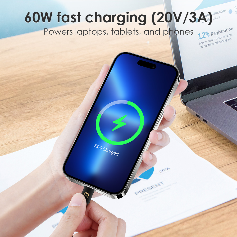The black USB 2.0 Type‑C to Type‑C cable supports up to 60W (20V/3A) charging power