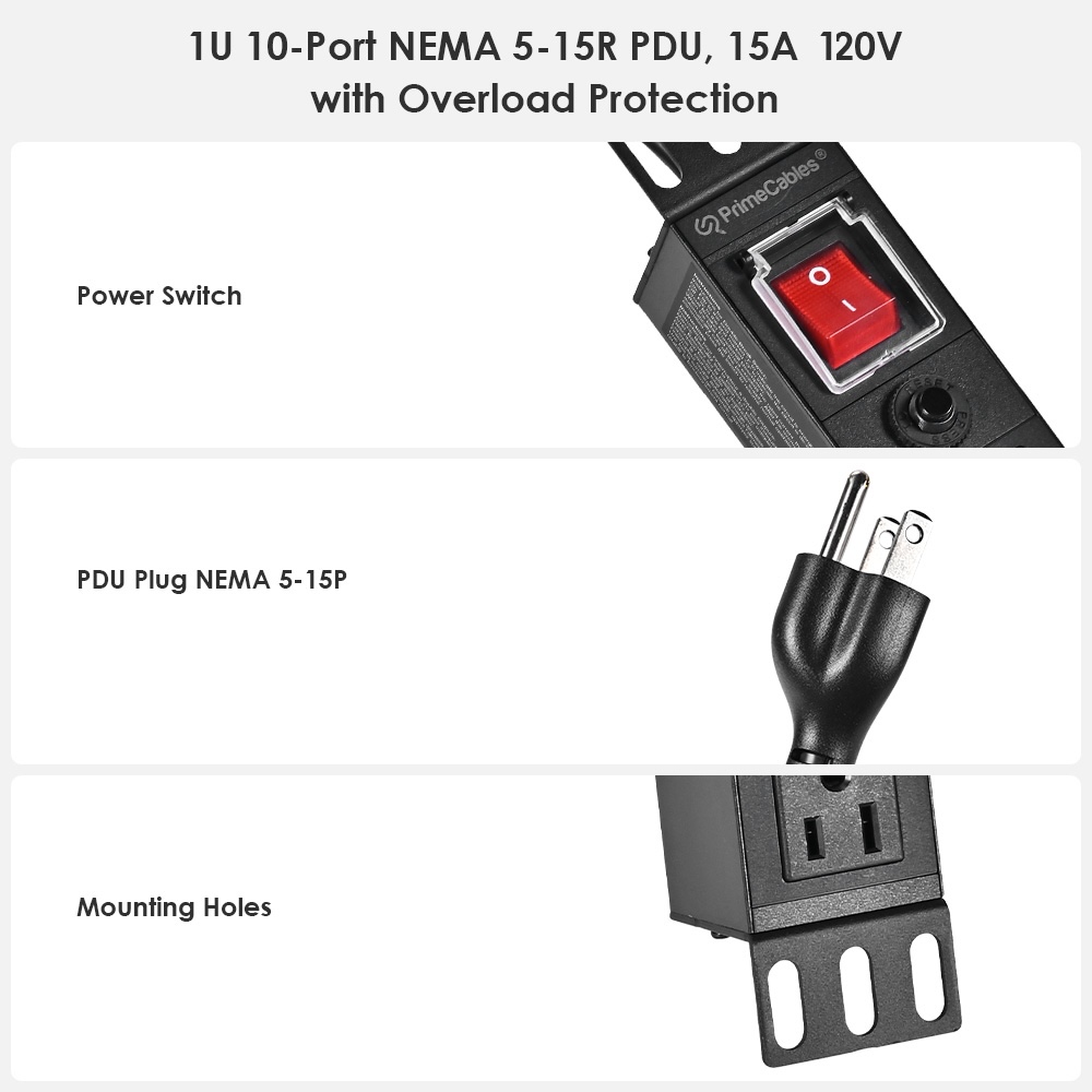 PrimeCables 1U rack mount PDU equipped with master power switch, NEMA 5-15P PDU plug, and mounting holes