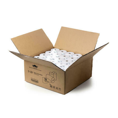 Brown cardboard shipping box filled with bulk white 3-1/8 inch thermal paper rolls, 50-rolls per box