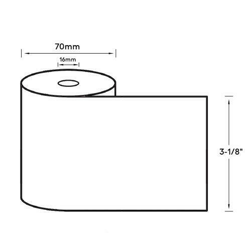 Dimension diagram of thermal paper rolls showing 3-1/8 inch width, 70mm outer diameter and 16mm inner core size measurements