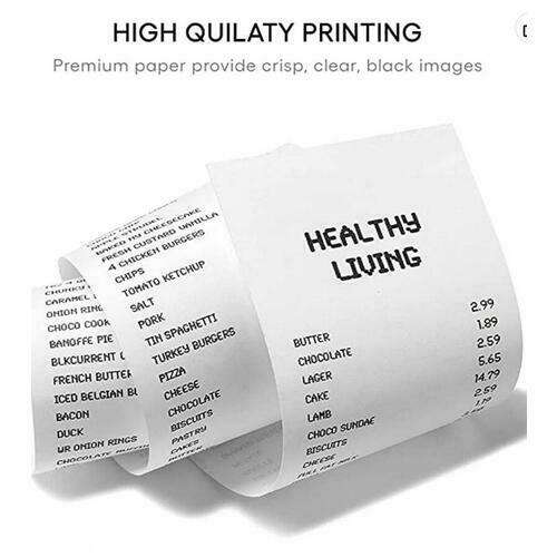 Printed thermal receipt sample shows high-quality crisp black clear text print output from premium thermal receipt paper