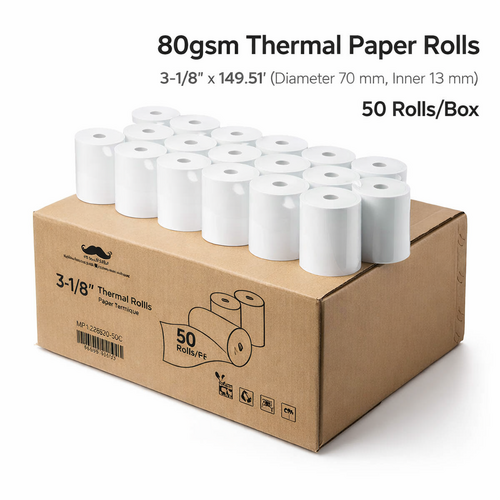 Brown cardboard box is labeled 80gsm weight, 3-1/8" x 149.51' size and 50 rolls per carton