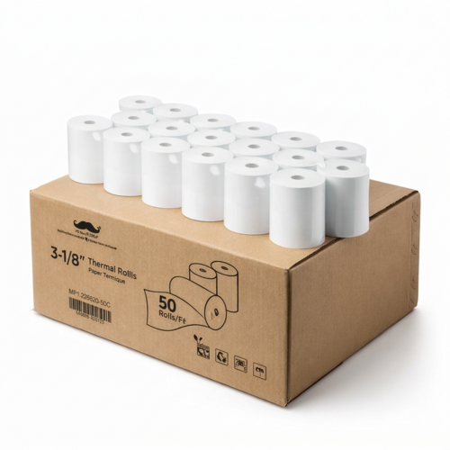 Plain product shot of one cardboard box can hold 50 rolls of Moustache thermal paper rolls