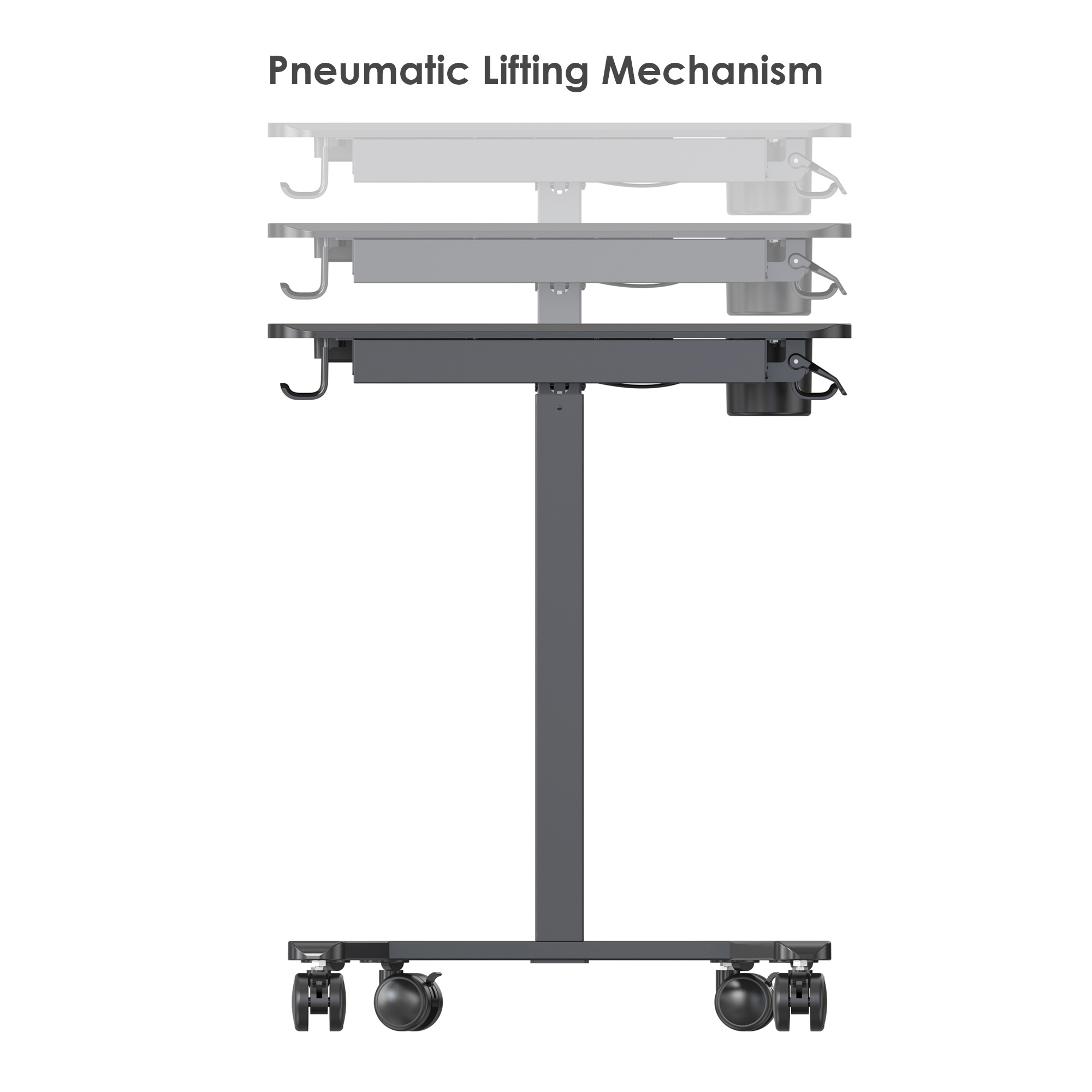 Pneumatic height lifting structure of mobile standing desk allows it to adjust height from 27.3'' to 43.3''
